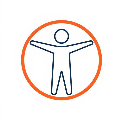 Een gestileerd persoonlijk pictogram dat toegankelijkheid voor iedereen symboliseert, met armen wijd gespreid binnen een cirkel.