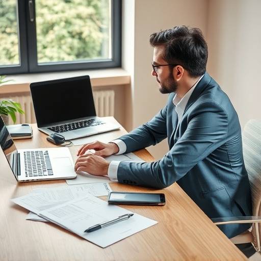 Een professional die zich voorbereidt op een sollicitatiegesprek, zittend aan een bureau met documenten en een laptop.